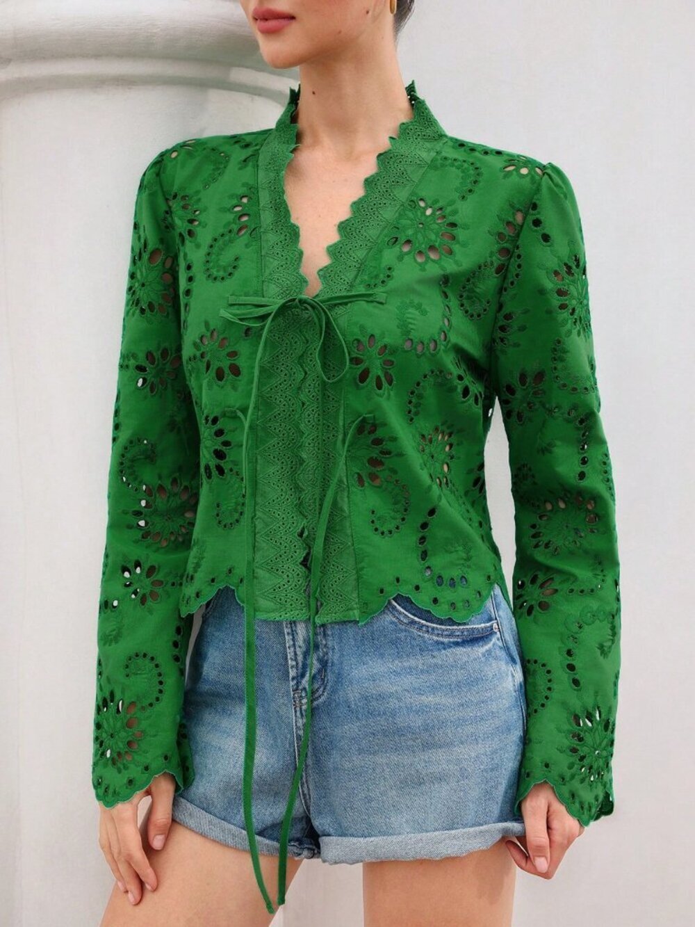 Green Boho Women's Loose Long Sleeve Blouse - Picture 4 of 6